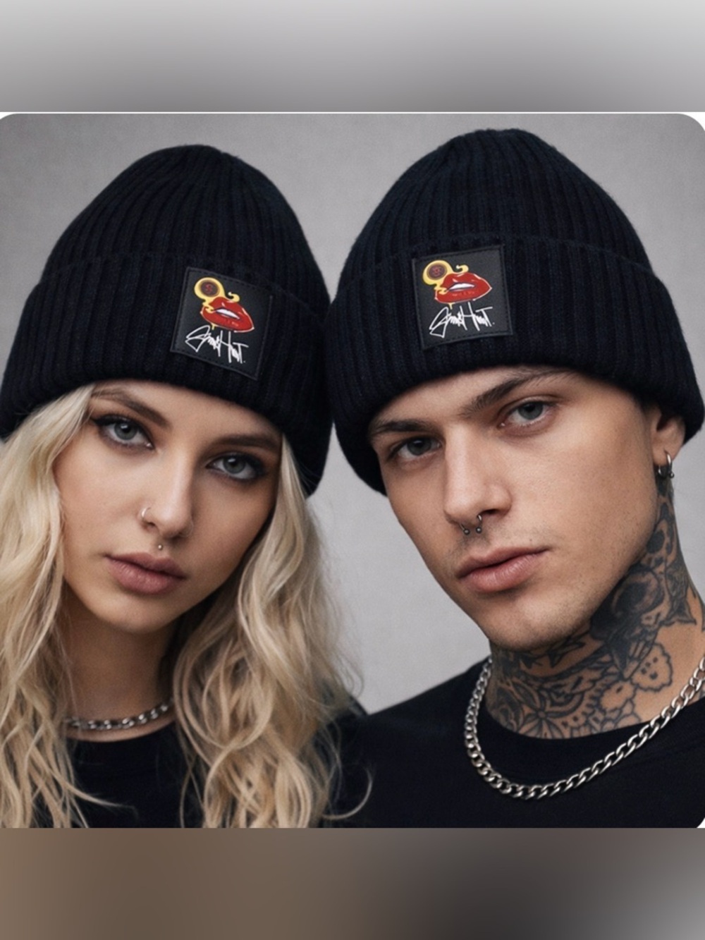 Lot Of 2 Black Ribbed Beanie Smoking Lips Smoke Ring Y2K Goth Skater Streetwear